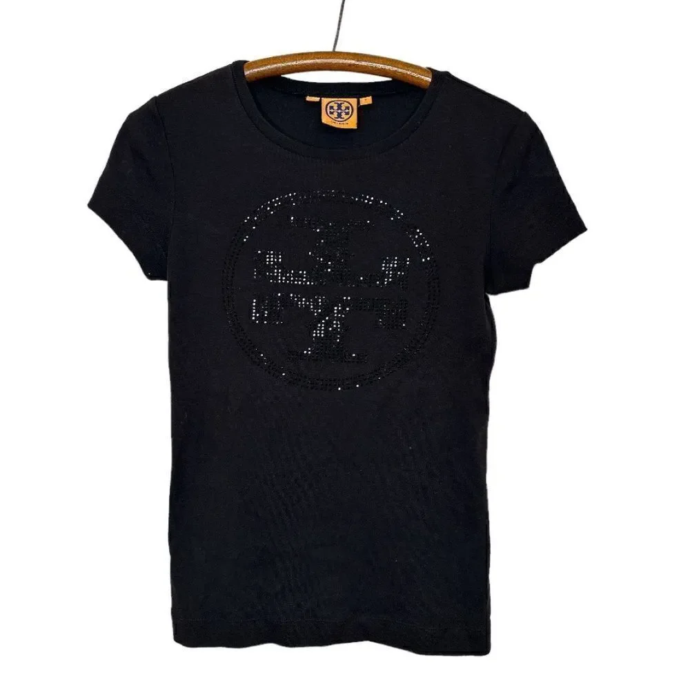 TORY BURCH Rhinestone Logo Black T-Shirt